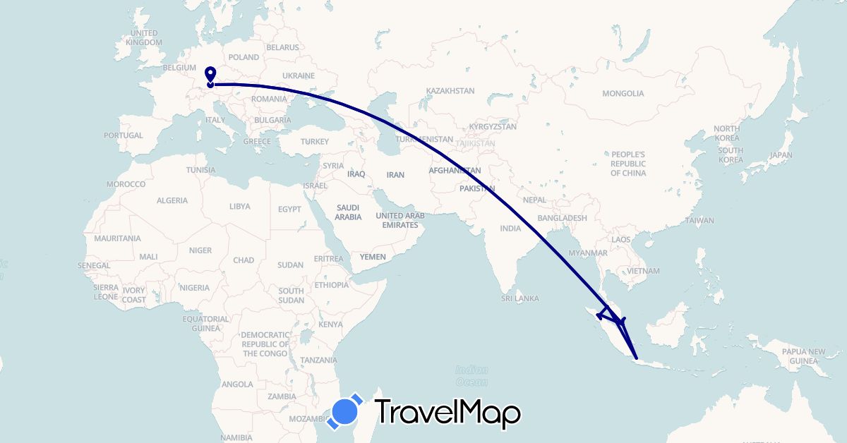 TravelMap itinerary: driving in Germany, Indonesia, Malaysia, Singapore (Asia, Europe)